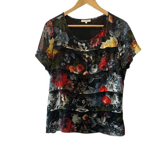 PLEIONE Black Lace Ruffle Floral Scoop Neck Short Sleeve Blouse Top S - Picture 1 of 7
